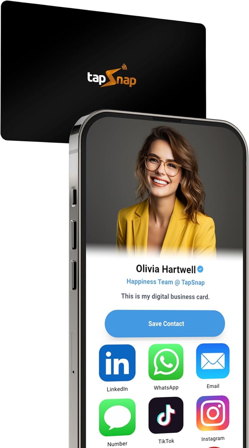 tapSnap Store بطاقة عمل رقمية - بدون اشتراك، مشاركة غير محدودة - NFC + QR - متوافقة مع آيفون وأندرويد - بطاقة عمل مخصصة (أسود) - Image 1